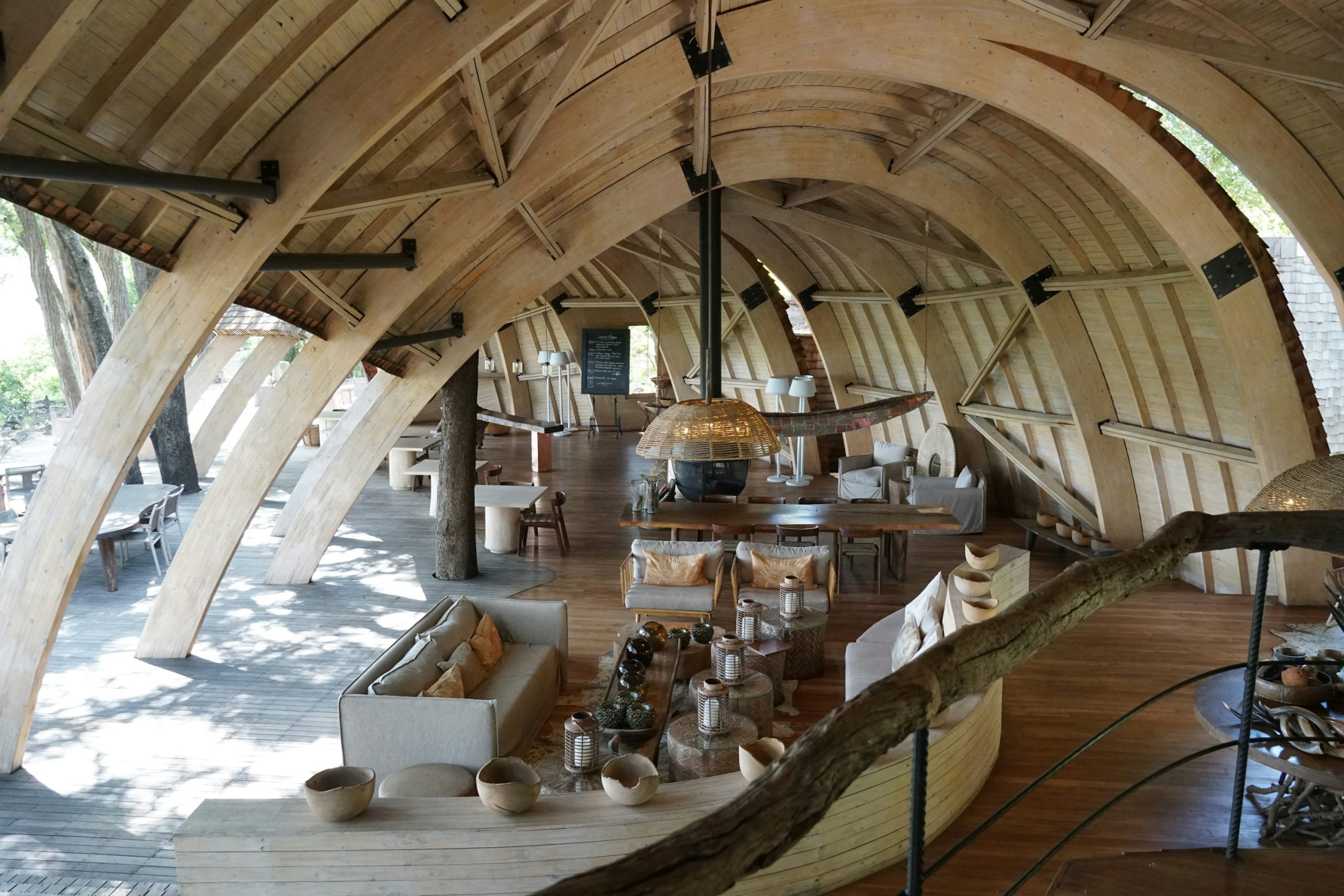 Warm timber safari lodge dining room